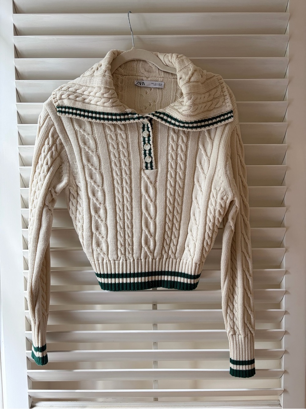 ZARA Cream Cable Knit Varsity Sweater with Green Trim